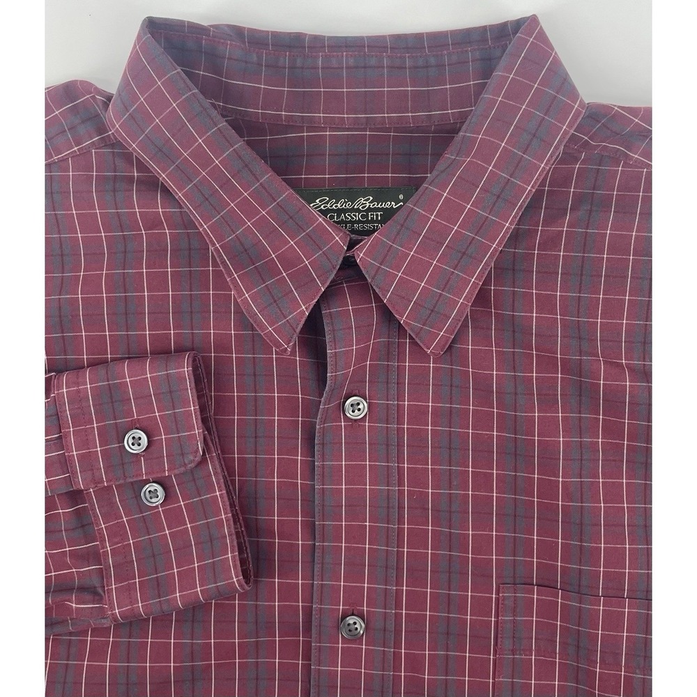 Eddie Bauer Button Down Mens XL Burgundy Plaid Classic Fit Wrinkle Resistant